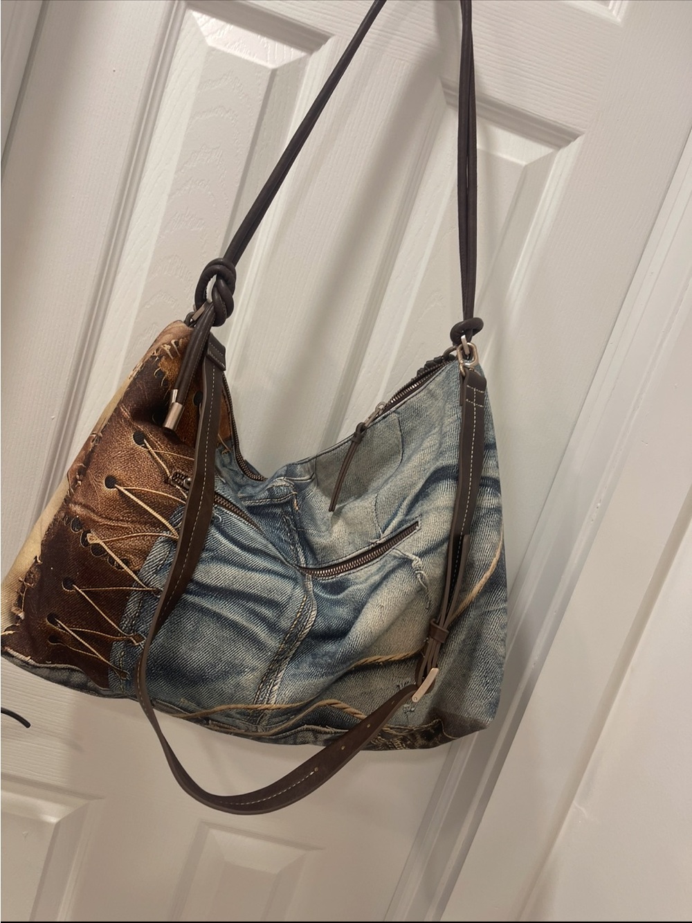 Desigual Blue Denim-Style Hobo with Brown Patchwork Accents - Picture 5 of 8